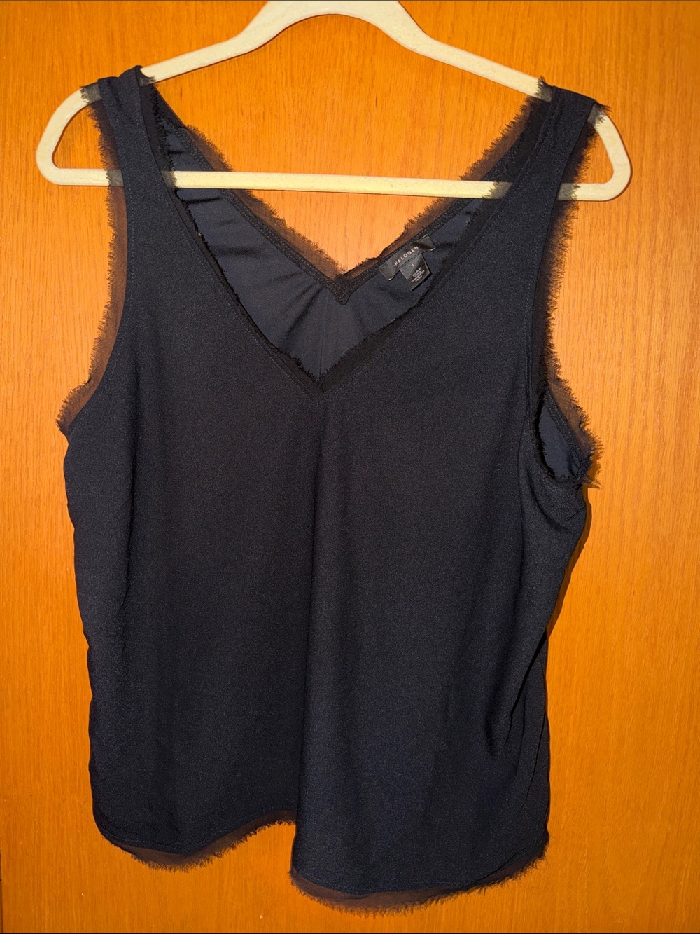 Halogen Black V-Neck Frayed Trim Tank